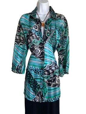 VTG Draper's & Damon's XL Tunic Blouse Button Up Abstract Print Green Blue Black